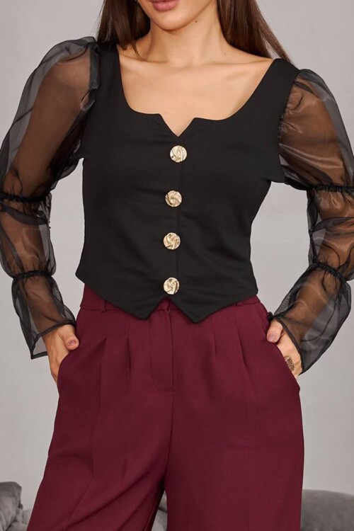 Şifon Kollu Düğmeli Kare Yaka Bluz