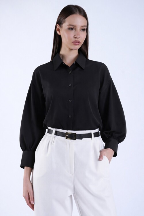 Siyah Balon Kol Gizli Patlı Dokuma Gömlek