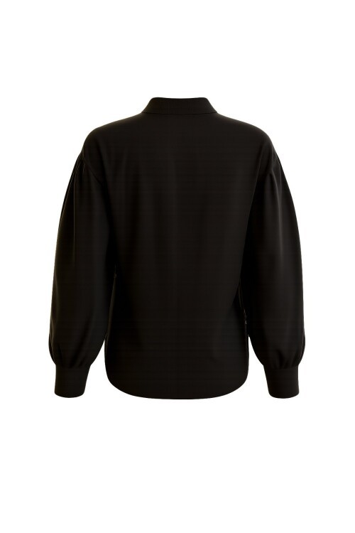 Siyah Balon Kol Gizli Patlı Dokuma Gömlek