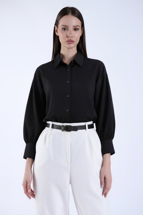 Siyah Balon Kol Gizli Patlı Dokuma Gömlek