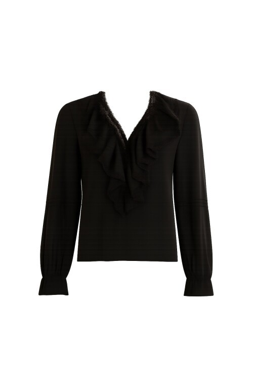 Siyah Bebe Yaka Fisto Ve Nervür Detaylı Önü Fırfırlı Dokuma Bluz