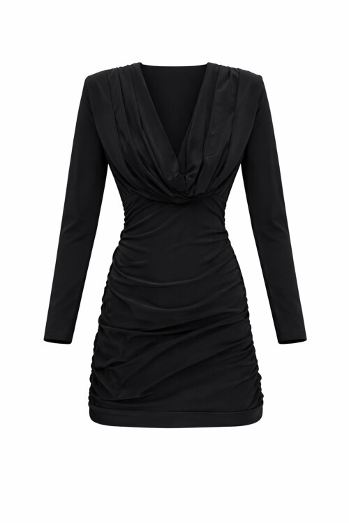 Siyah Büzgülü V Yaka Elbise
