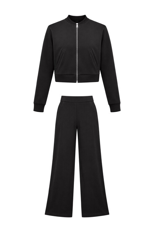 Siyah Fermuarlı Hırka Pantolon Takım