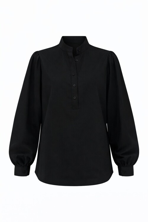 Siyah Hakim Yaka Yarım Pat Balon Kol Poplin Dokuma Gömlek