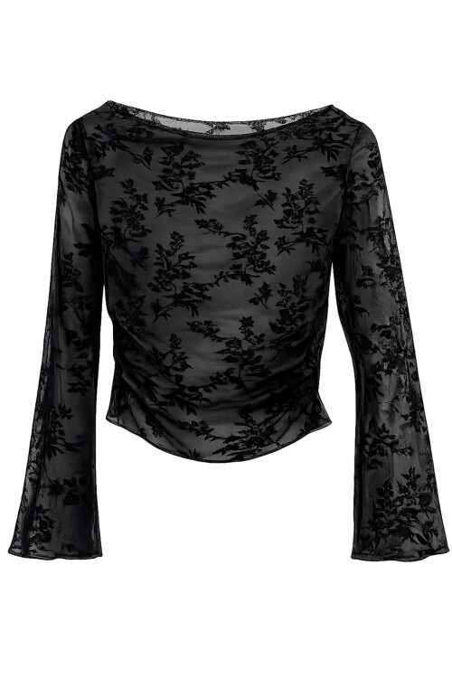 Siyah Transparan İşlemeli Bluz