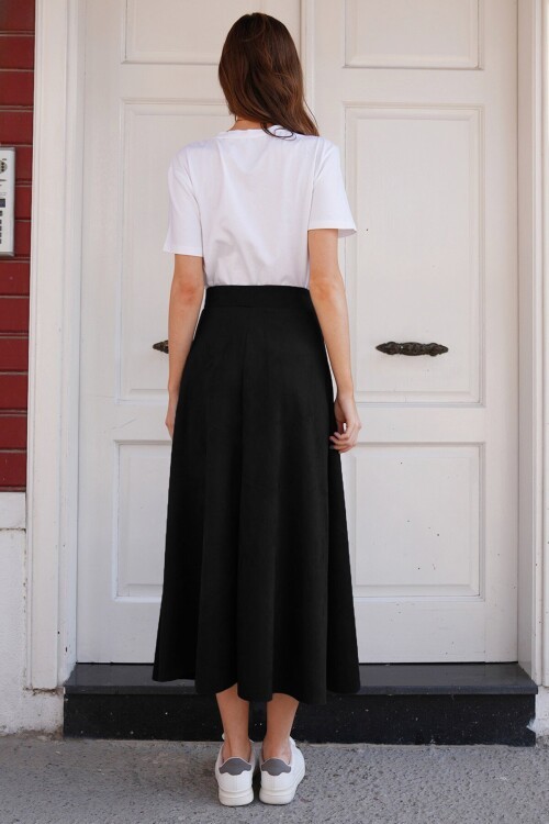 Süet Dokulu Geniş Kesim Midi Etek