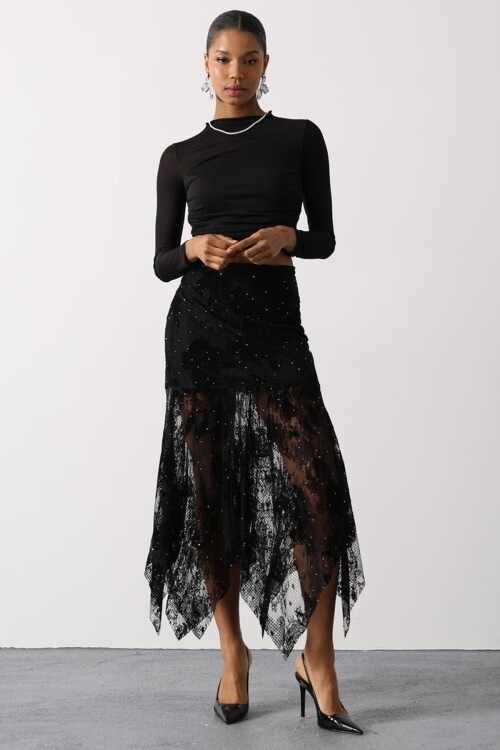 Taş İşlemeli Asimetrik Kesim Dantelli Etek