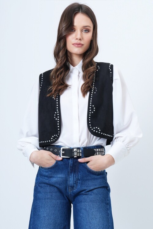 Taş İşlemeli Süet Kısa Yelek