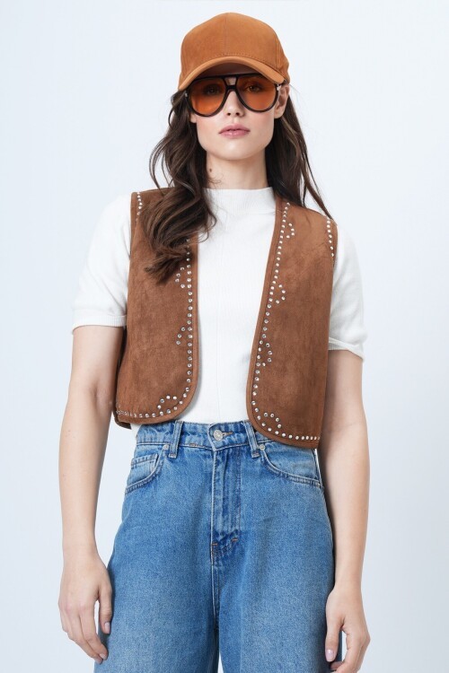 Taş İşlemeli Süet Kısa Yelek