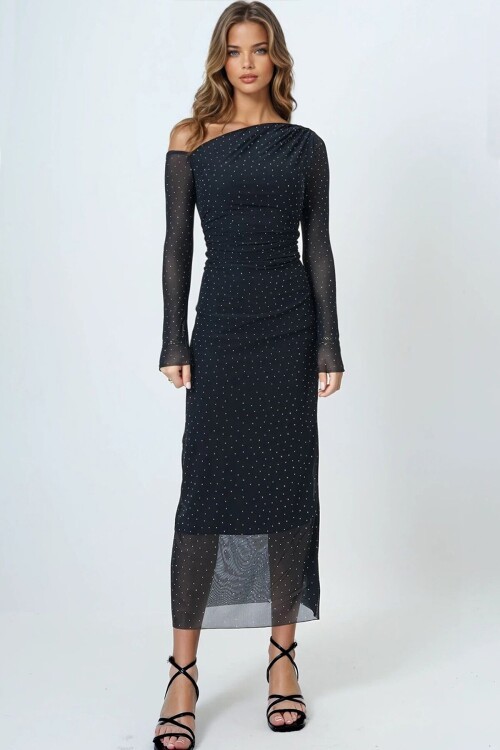 Taş İşlemeli Tek Omuz Drapeli Maxi Boy Elbise