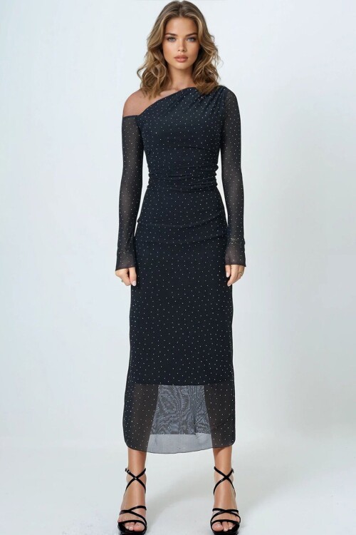 Taş İşlemeli Tek Omuz Drapeli Maxi Boy Astarlı Elbise