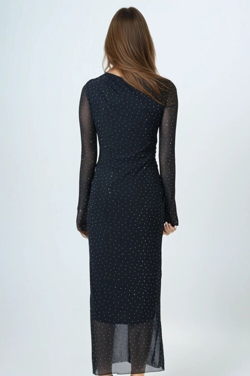 Taş İşlemeli Tek Omuz Drapeli Maxi Boy Astarlı Elbise