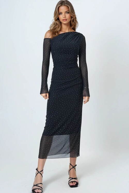 Taş İşlemeli Tek Omuz Drapeli Maxi Boy Astarlı Elbise