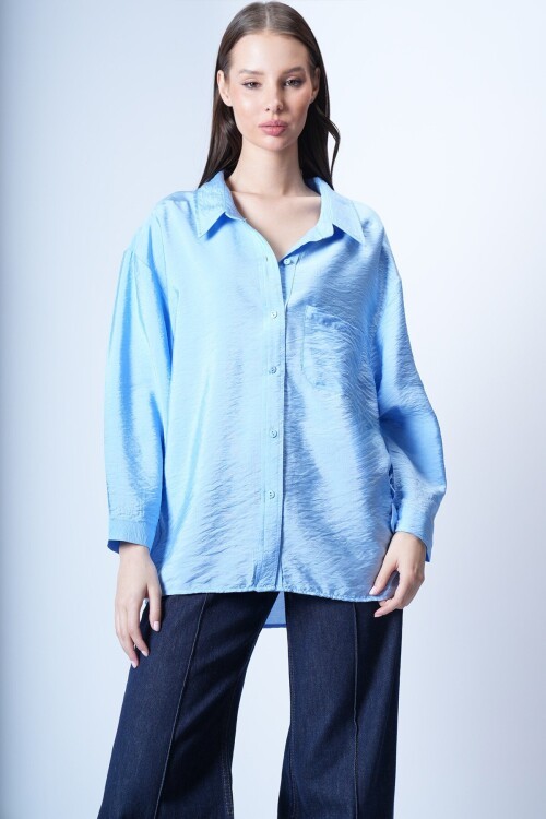 Mavi Tek Cepli Oversize Gömlek