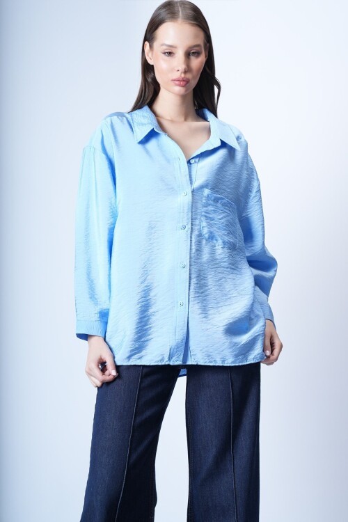 Mavi Tek Cepli Oversize Gömlek