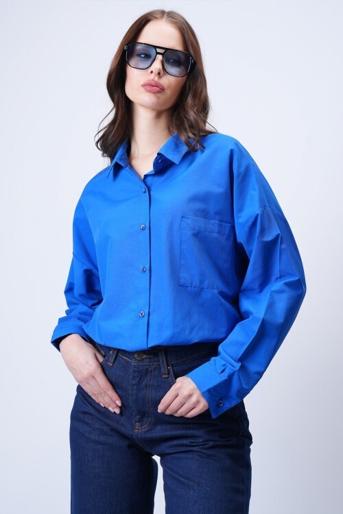 Mavi Tek Cepli Oversize Gömlek