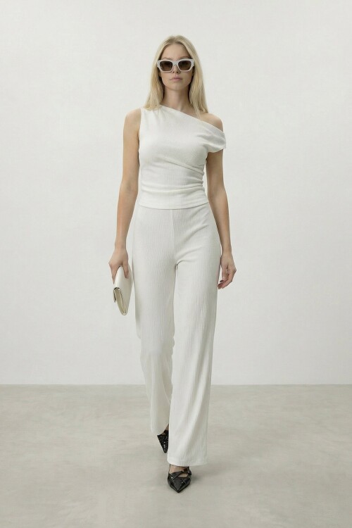 Tek Omuz Düz Kesim Bluz Ve Pantolon Takım