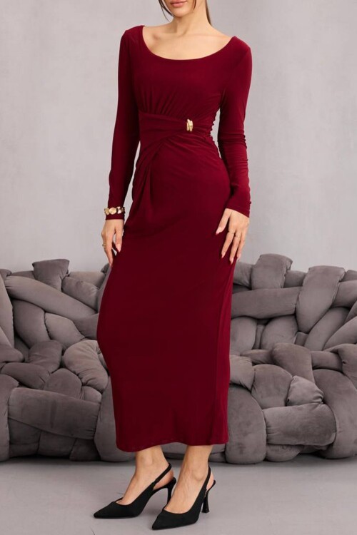 Toka Detaylı Drapeli Midi Boy Elbise