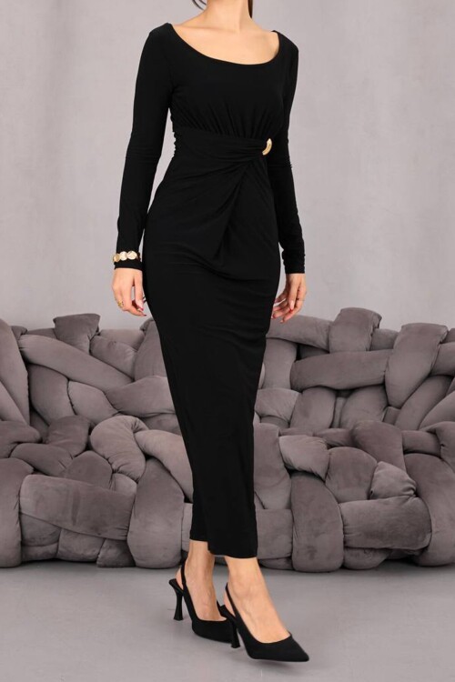 Toka Detaylı Drapeli Midi Boy Elbise