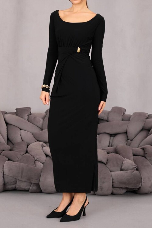 Toka Detaylı Drapeli Midi Boy Elbise