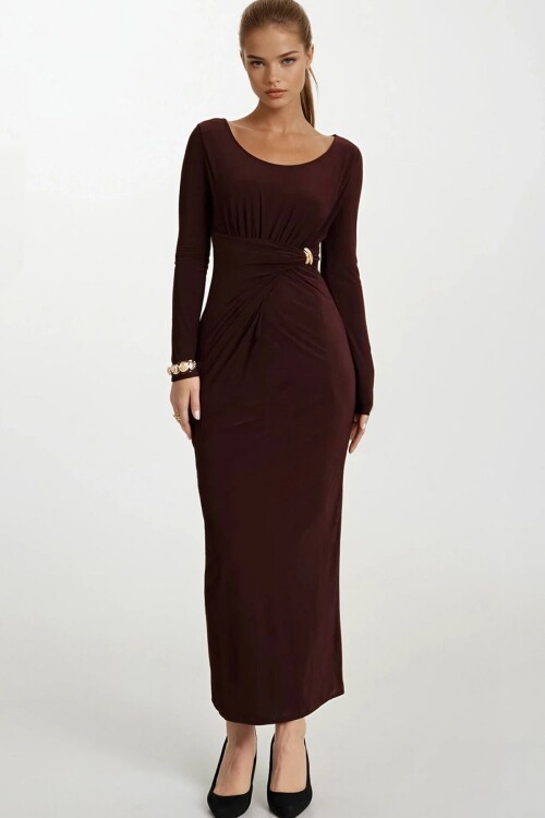 Toka Detaylı Drapeli Midi Boy Elbise