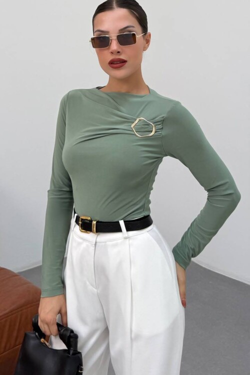 Tokalı Drapeli Uzun Kollu Bluz