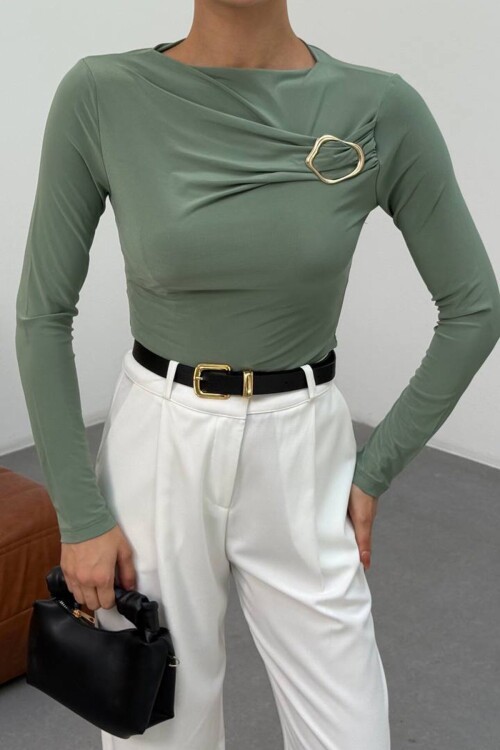 Tokalı Drapeli Uzun Kollu Bluz