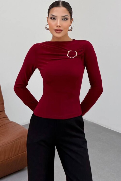 Tokalı Drapeli Uzun Kollu Bluz