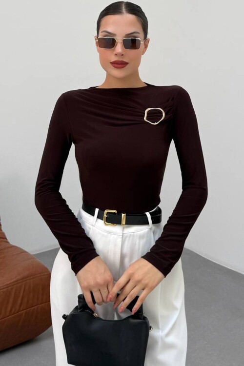 Tokalı Drapeli Uzun Kollu Bluz