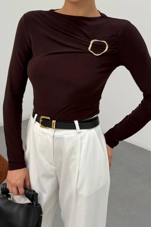 Tokalı Drapeli Uzun Kollu Bluz