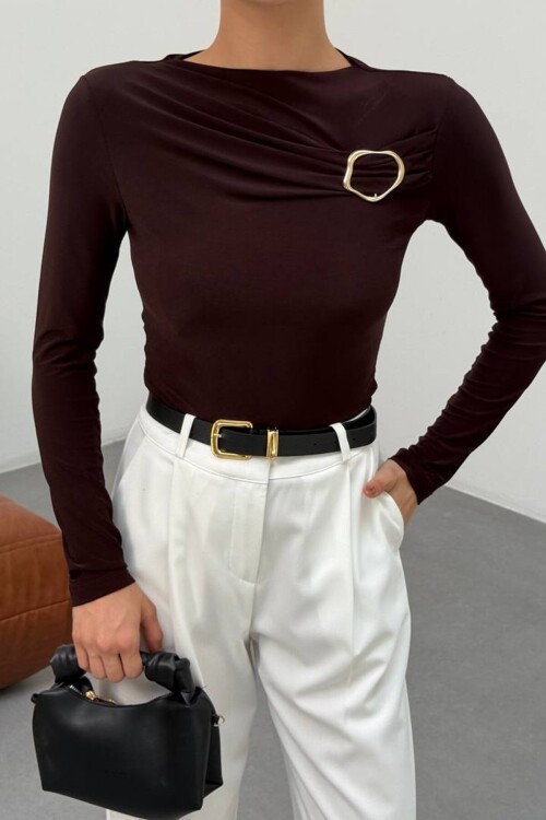 Tokalı Drapeli Uzun Kollu Bluz