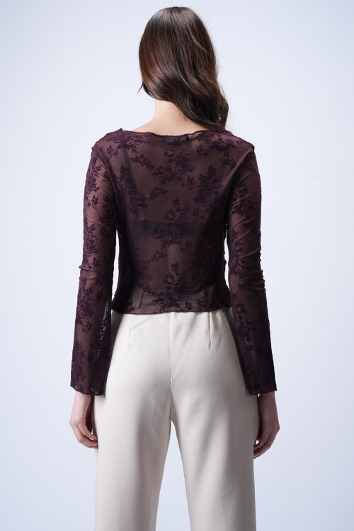 Mürdüm Transparan İşlemeli Bluz