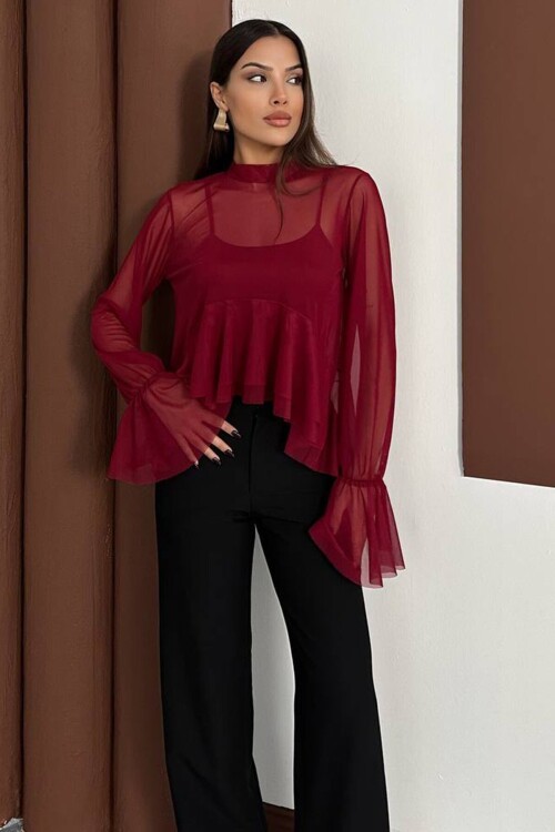 Transparan Şifon Volan Kol Bluz Ve Askılı Atlet İkili Takım