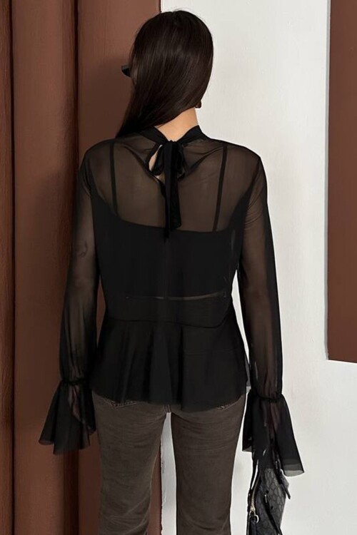 Transparan Şifon Volan Kol Bluz Ve Askılı Atlet İkili Takım