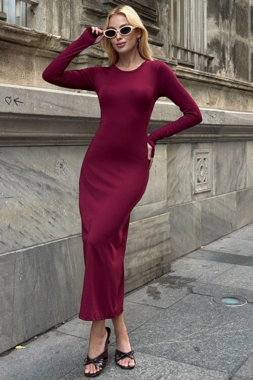 Uzun Kollu Bisiklet Yaka Dar Kesim Elbise