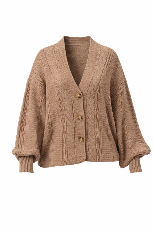 V Yaka Saç Örgü Desenli Balon Kol Triko Hırka