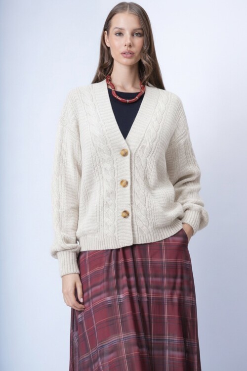 V Yaka Saç Örgü Desenli Balon Kol Triko Hırka