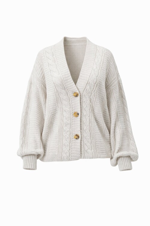 V Yaka Saç Örgü Desenli Balon Kol Triko Hırka