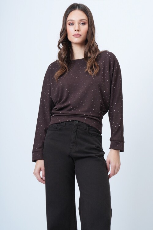 Yarasa Kol Taş Detaylı Kayık Yaka Bluz