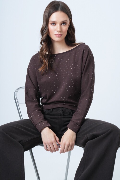 Yarasa Kol Taş Detaylı Kayık Yaka Bluz