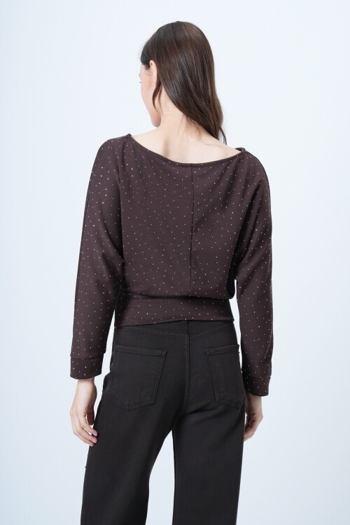 Yarasa Kol Taş Detaylı Kayık Yaka Bluz