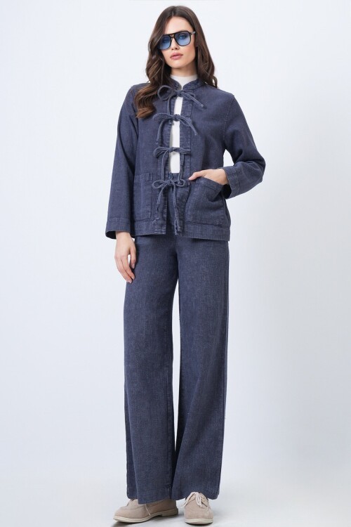 Yıkamalı Bağlama Detaylı Ceket ve Geniş Paça Pantolon Takım