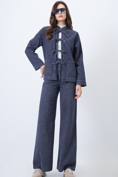 Yıkamalı Bağlama Detaylı Ceket ve Geniş Paça Pantolon Takım