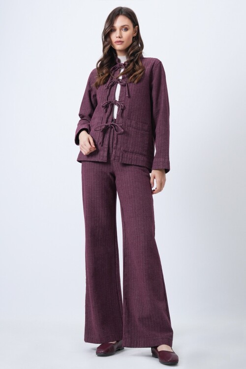 Yıkamalı Bağlama Detaylı Ceket ve Geniş Paça Pantolon Takım