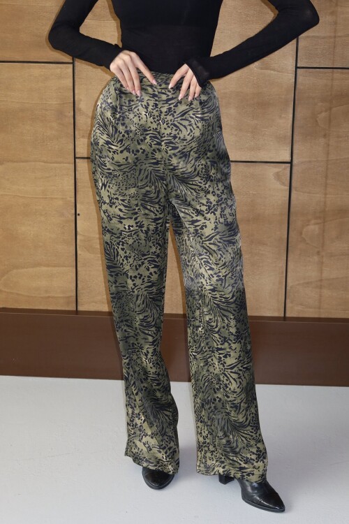 Yüksek Bel Desenli Salaş Geniş Paça Dokuma Viskon Pantolon