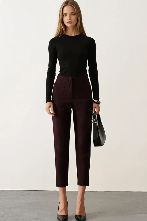 Yüksek Bel Dikiş Detaylı Dar Paça Pantolon