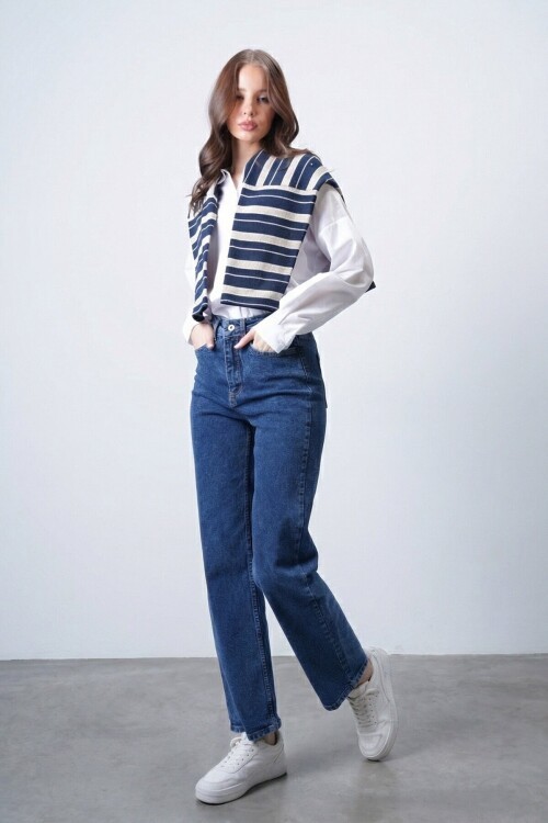 Yüksek Bel Düz Paça 5 Cepli Denim Pantolon