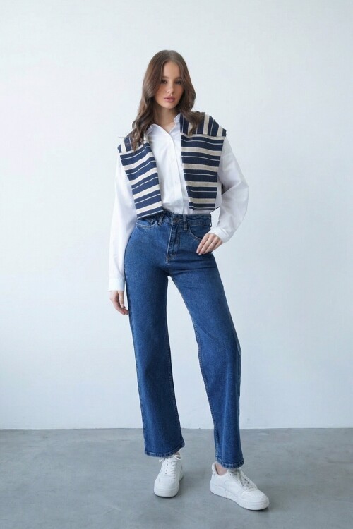 Yüksek Bel Düz Paça 5 Cepli Denim Pantolon