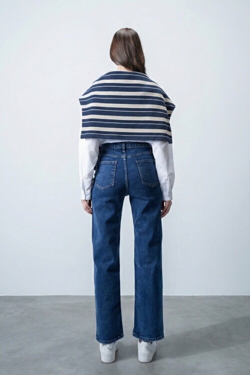 Yüksek Bel Düz Paça 5 Cepli Denim Pantolon