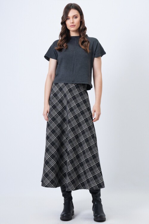 Yüksek Bel Ekose Desenli Midi Etek